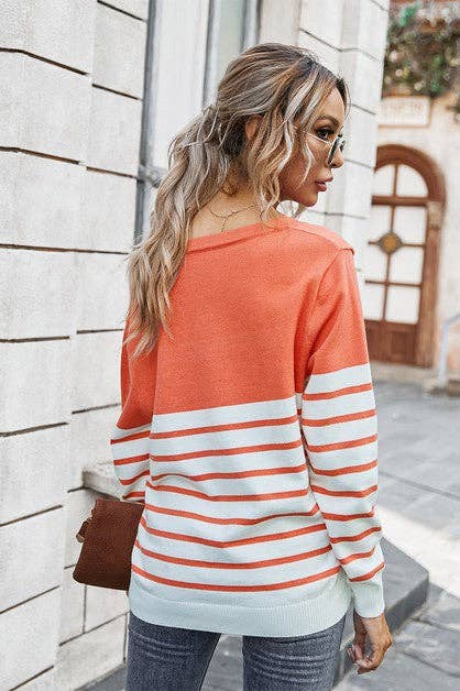 Color Block Stripes Knitted V Neck Drop Shoulder Sweater