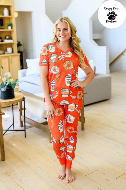 Orange Pumpkin Spice print Shirley & Stone Fall Pajamas Set