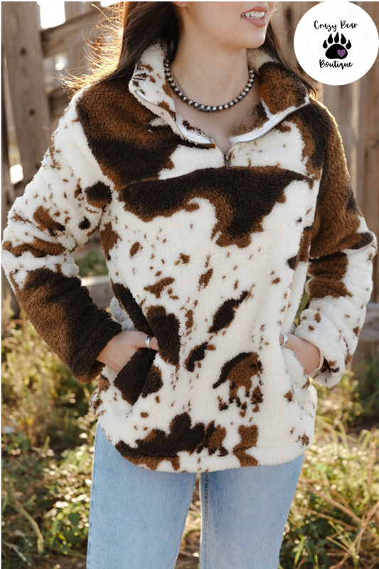 Zip Collar Cow Print Fleece Pullover Jacket