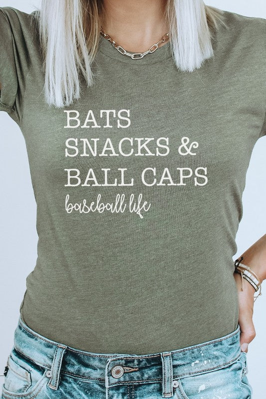 Bats Snacks and BallCaps Baseball Life Graphic Tee