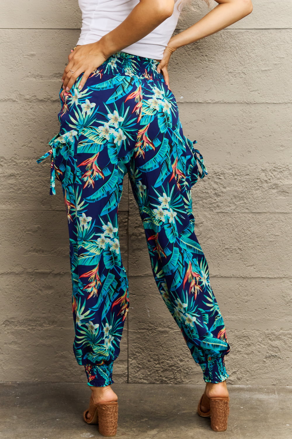 Smocked Plant Print Long Pants