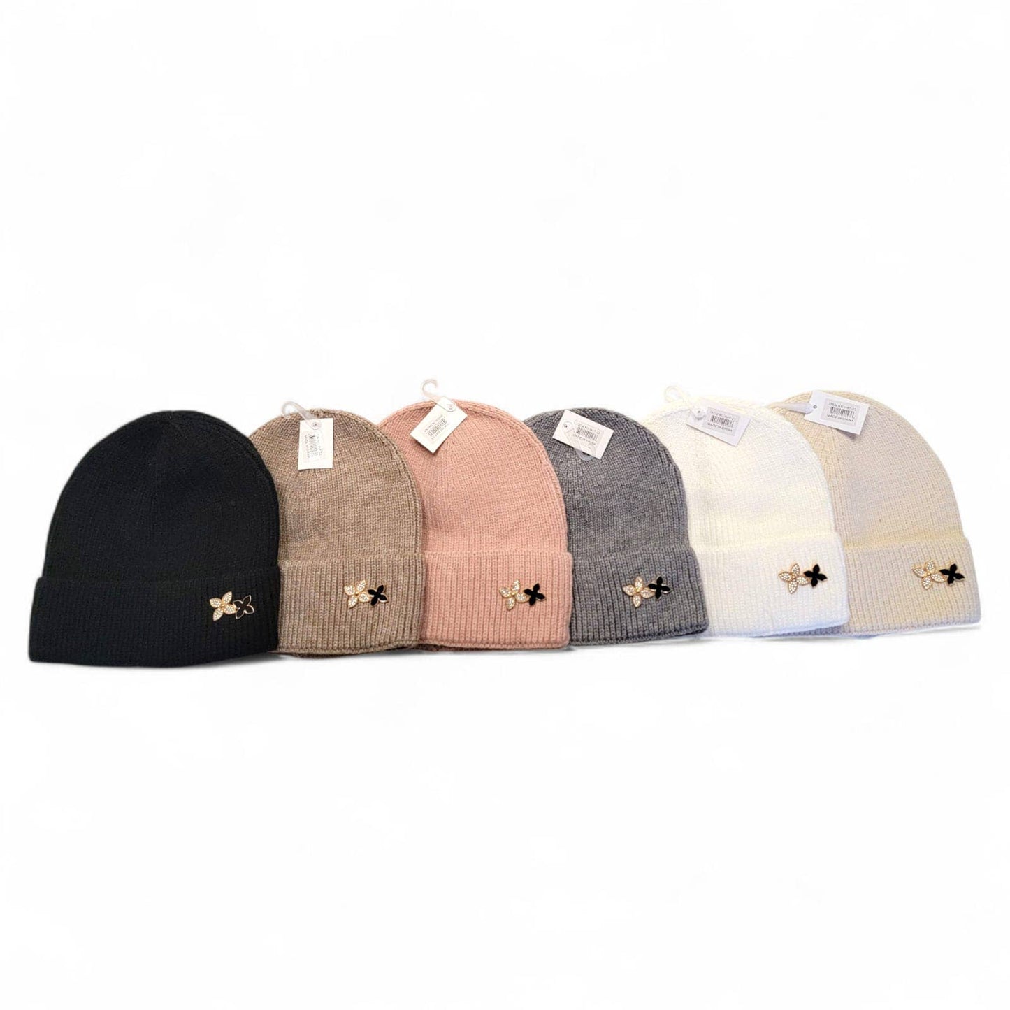 Adult Knit Beanie with Metal Flower Pin – 6 Color Assorted