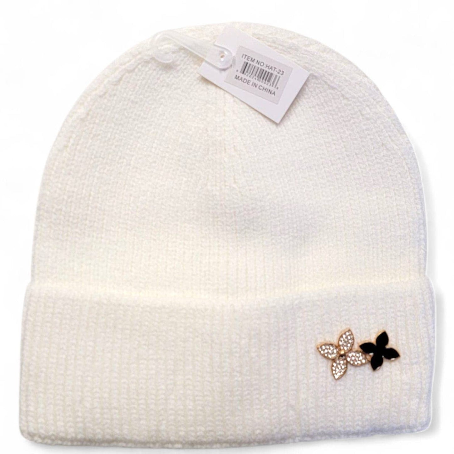 Adult Knit Beanie with Metal Flower Pin – 6 Color Assorted