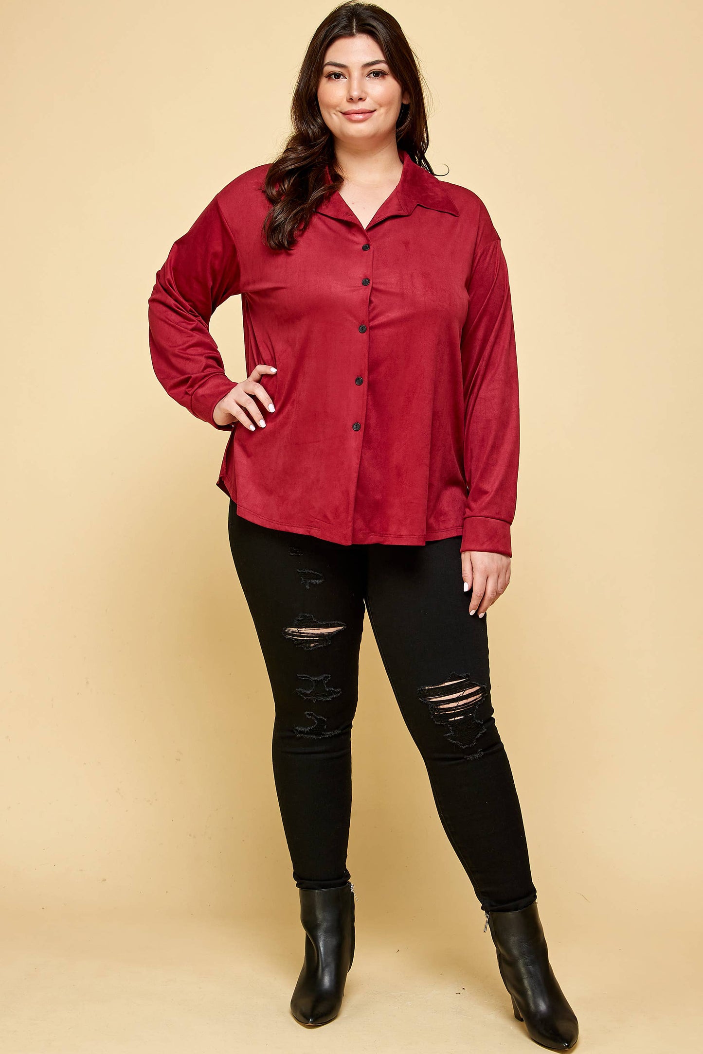 ETK-8634-PL Plus Size Suede Button-Down Shirt