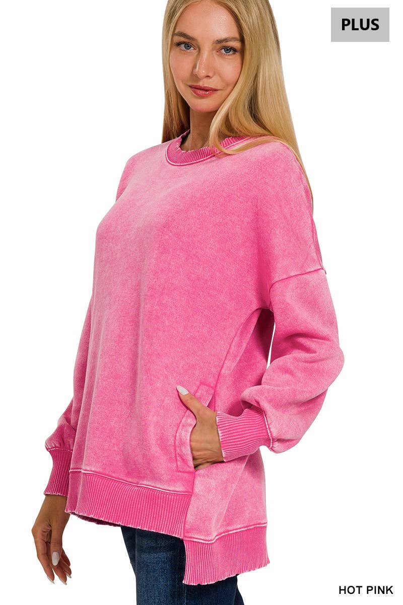 ....1028 Plus Acid Wash Fleece Hi Low Hem Pullover With Pockets SI-26