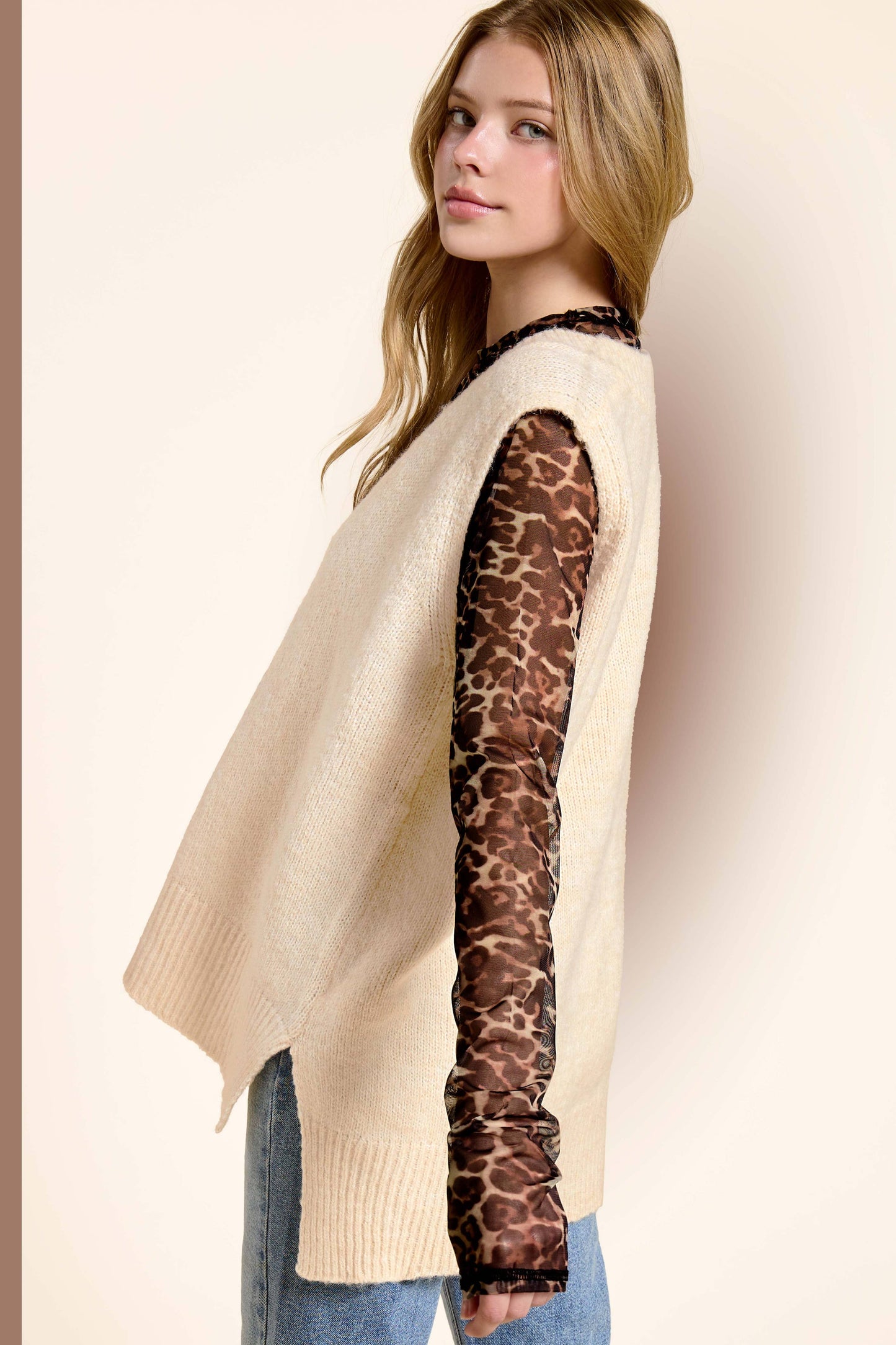 MCS3589-Oversized Soft Knit Sweater Vest with Side Slit