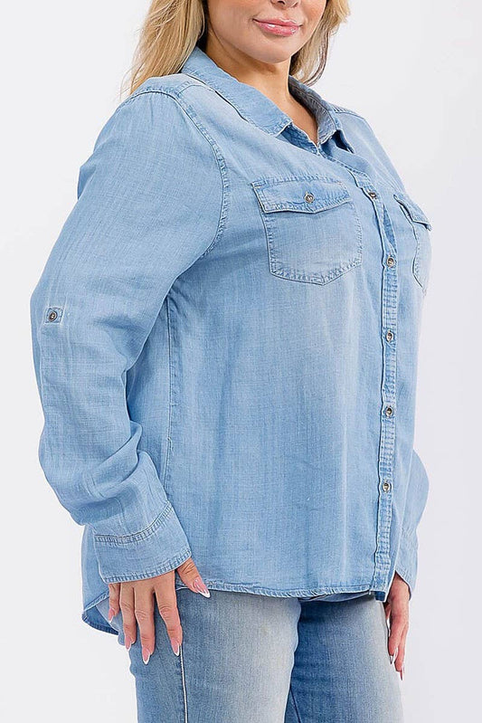 BUTTON UP FRONT POCKETS WASHED CHAMBRAY TOP