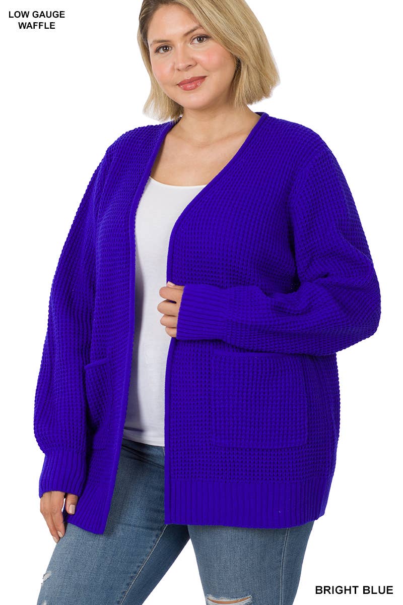 ",....SI-25654 Plus Low Gauge Waffle Open Cardigan Sweater