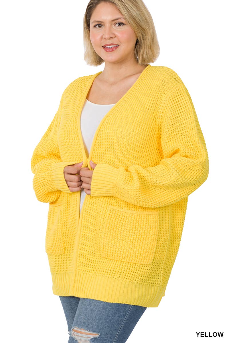 ",....SI-25654 Plus Low Gauge Waffle Open Cardigan Sweater
