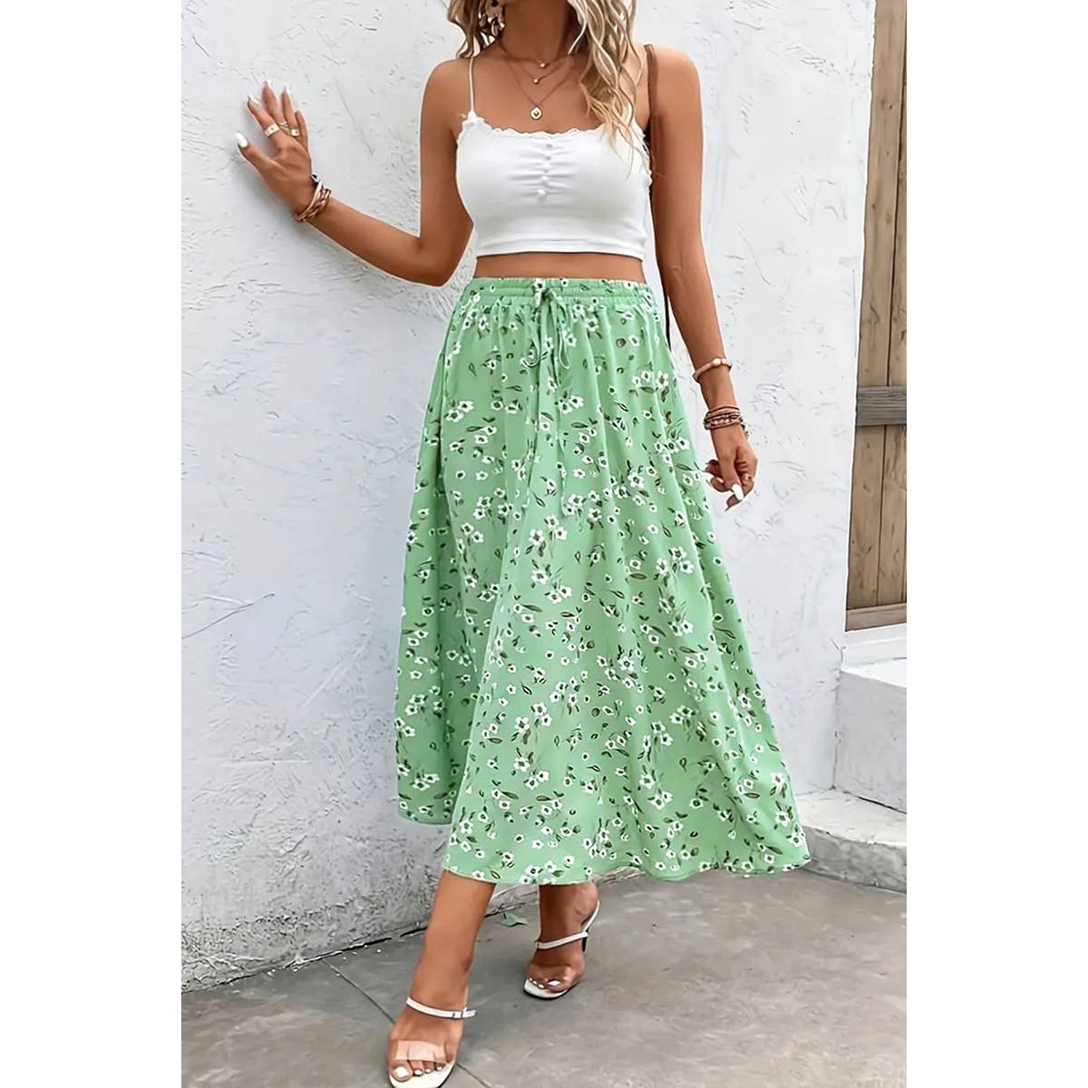 Plus Size Floral Breeze Drawstring Long Skirt