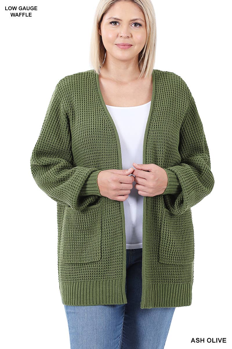 ",....SI-25654 Plus Low Gauge Waffle Open Cardigan Sweater