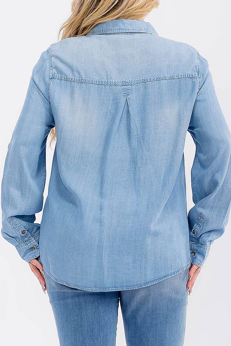BUTTON UP FRONT POCKETS WASHED CHAMBRAY TOP