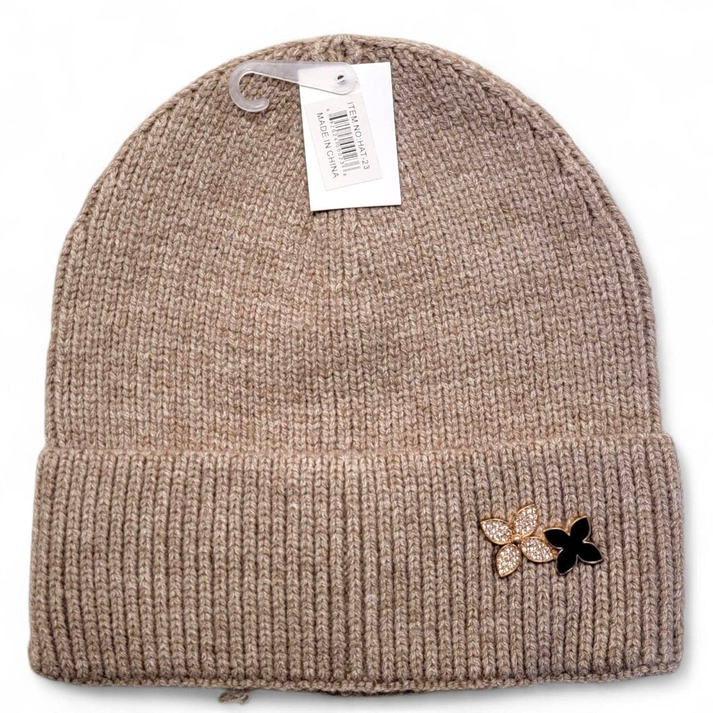 Adult Knit Beanie with Metal Flower Pin – 6 Color Assorted