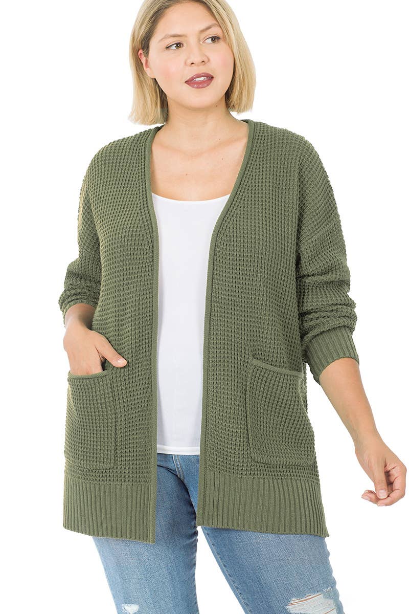 ",....SI-25654 Plus Low Gauge Waffle Open Cardigan Sweater