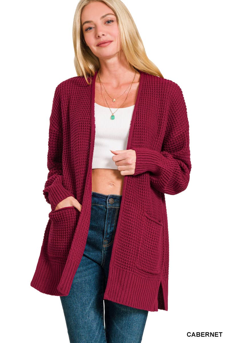 1219 Low Gauge Waffle Open Cardigan Sweater SI-24890
