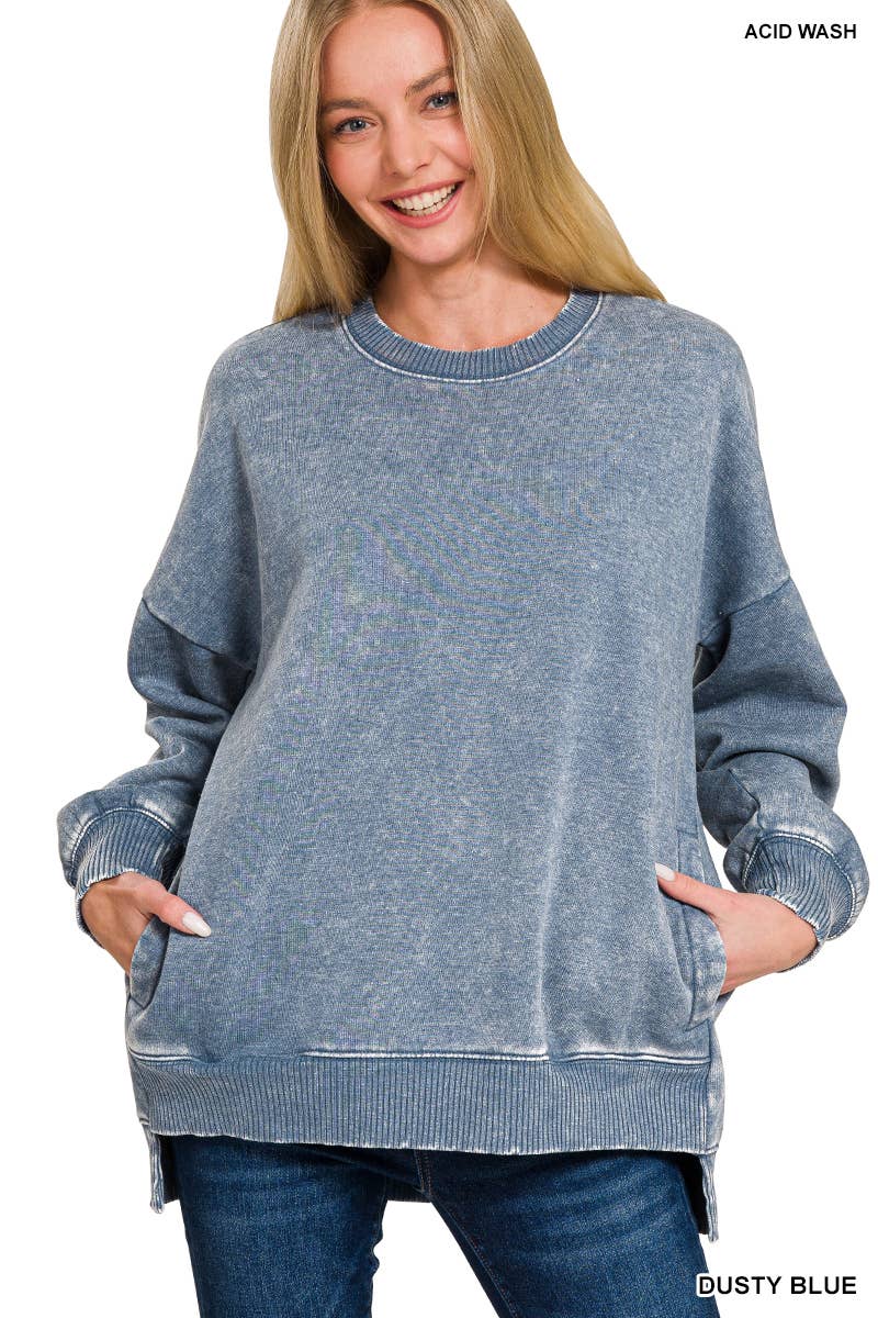 ",,,,..Acid Wash Fleece Hi Low Hem Pullover With Pockets