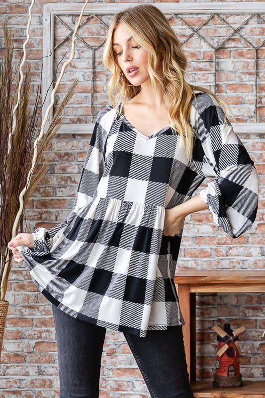 PLAID PRINT BABYDOLL TOP
