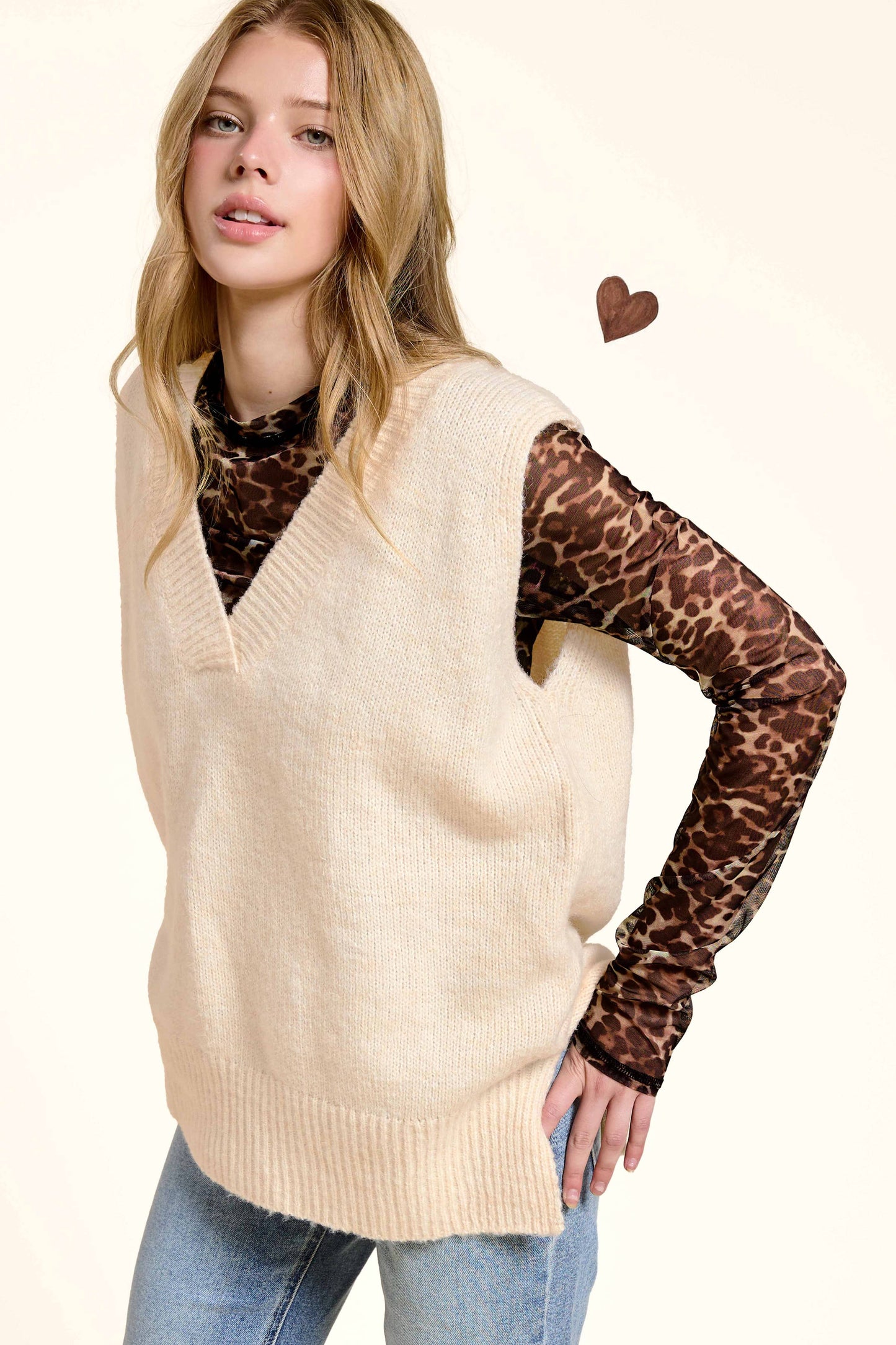 MCS3589-Oversized Soft Knit Sweater Vest with Side Slit