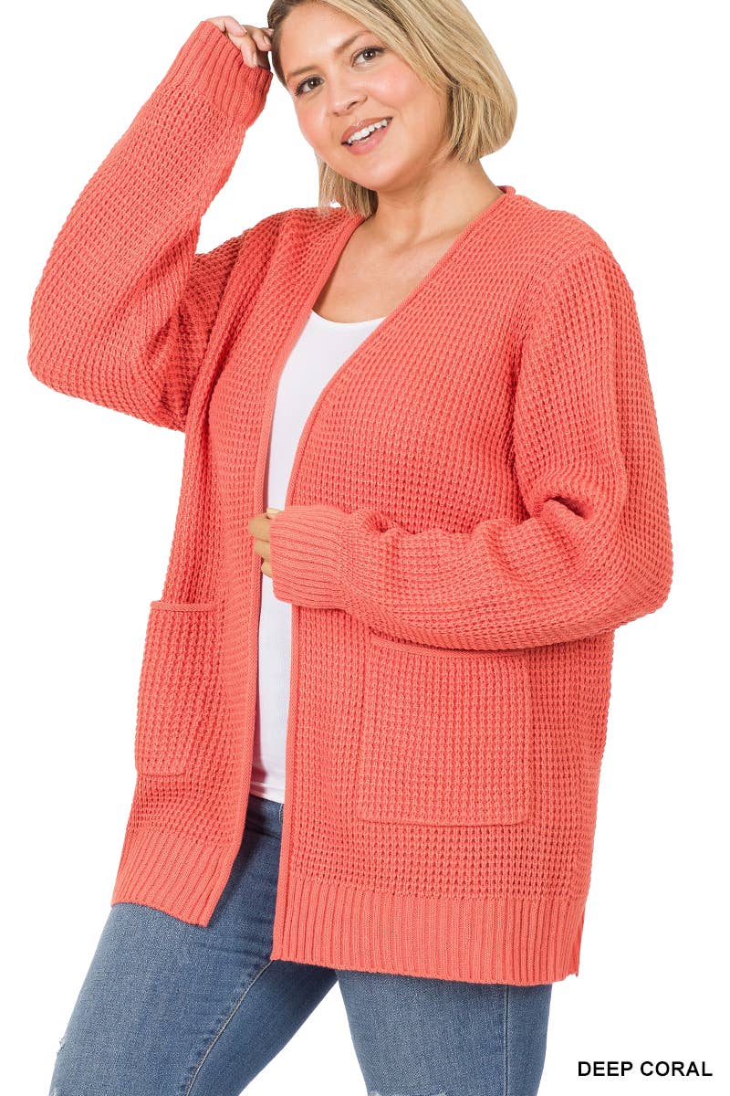 ",....SI-25654 Plus Low Gauge Waffle Open Cardigan Sweater