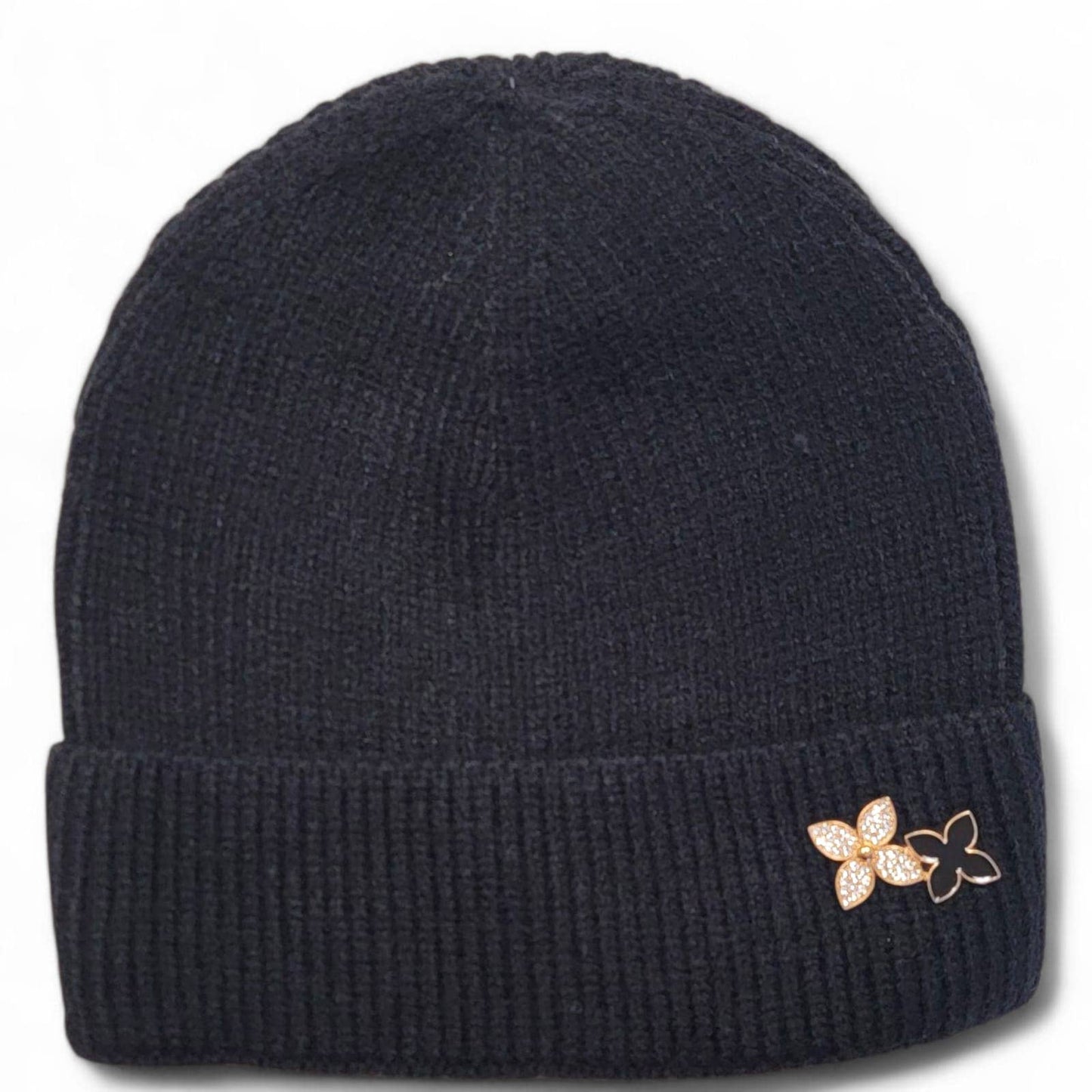 Adult Knit Beanie with Metal Flower Pin – 6 Color Assorted