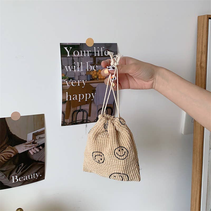 Corduroy  Smiley Face Coin Purse Drawstring Pocket Women