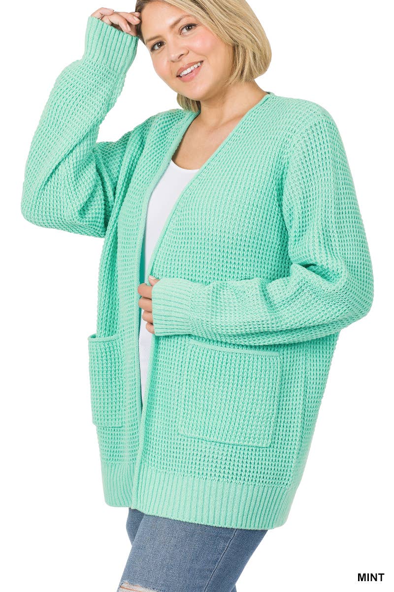",....SI-25654 Plus Low Gauge Waffle Open Cardigan Sweater