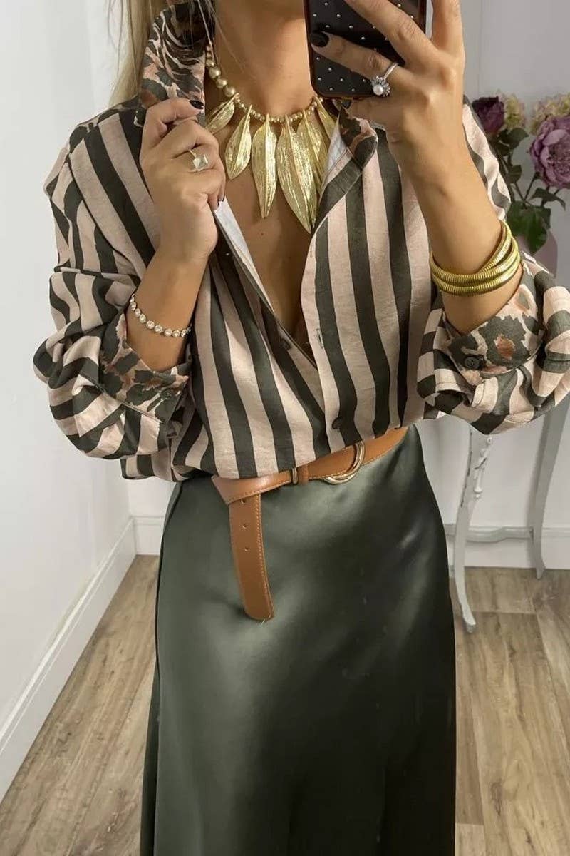 STRIPED AND LEOPARD PRINT LOOSE CASUAL SHIRT