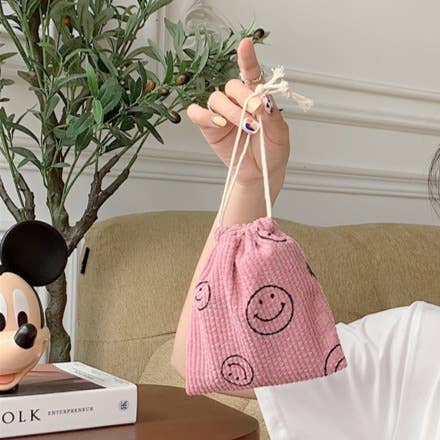 Corduroy  Smiley Face Coin Purse Drawstring Pocket Women