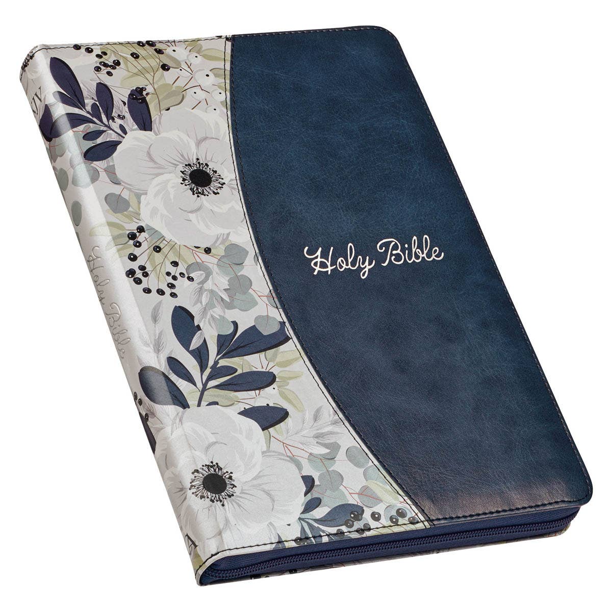 Blue Pearlized Floral Faux Leather King James Bible - Adult