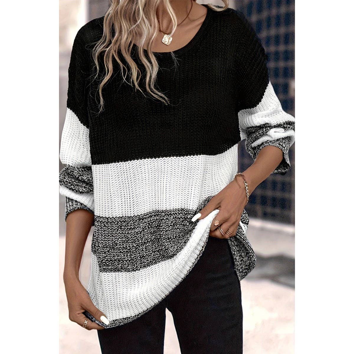 Knit Colorblock Cozy Long Sleeves Loose Sweater