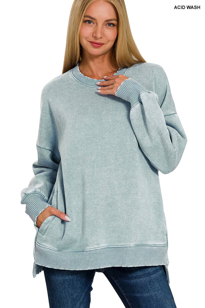 ",,,,..Acid Wash Fleece Hi Low Hem Pullover With Pockets