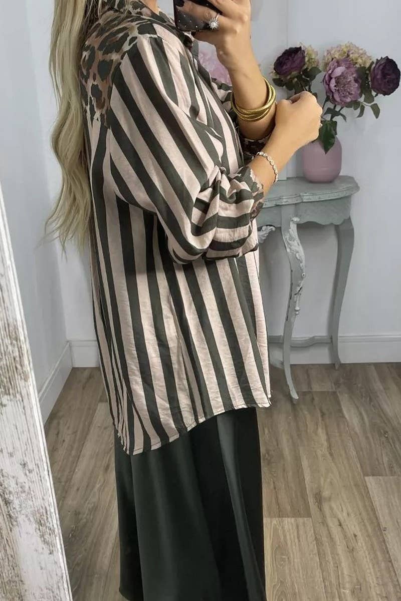 STRIPED AND LEOPARD PRINT LOOSE CASUAL SHIRT