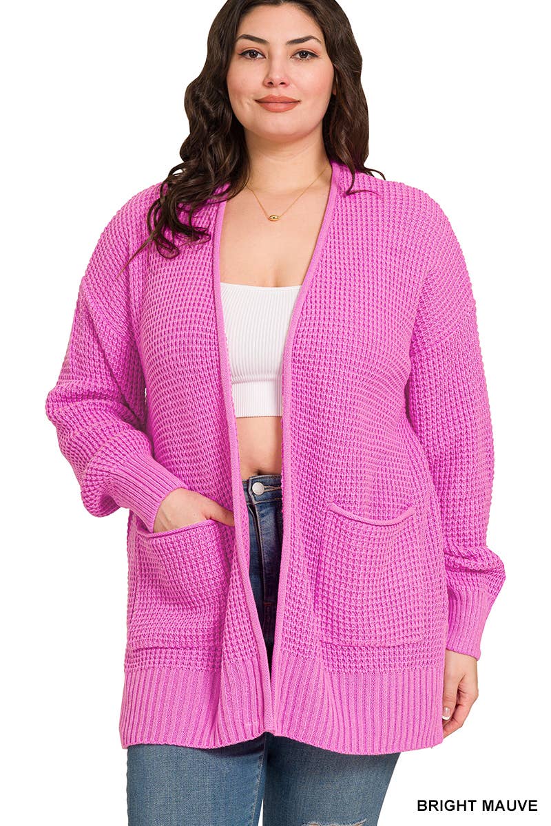 ",....SI-25654 Plus Low Gauge Waffle Open Cardigan Sweater