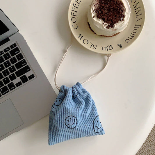 Corduroy  Smiley Face Coin Purse Drawstring Pocket Women