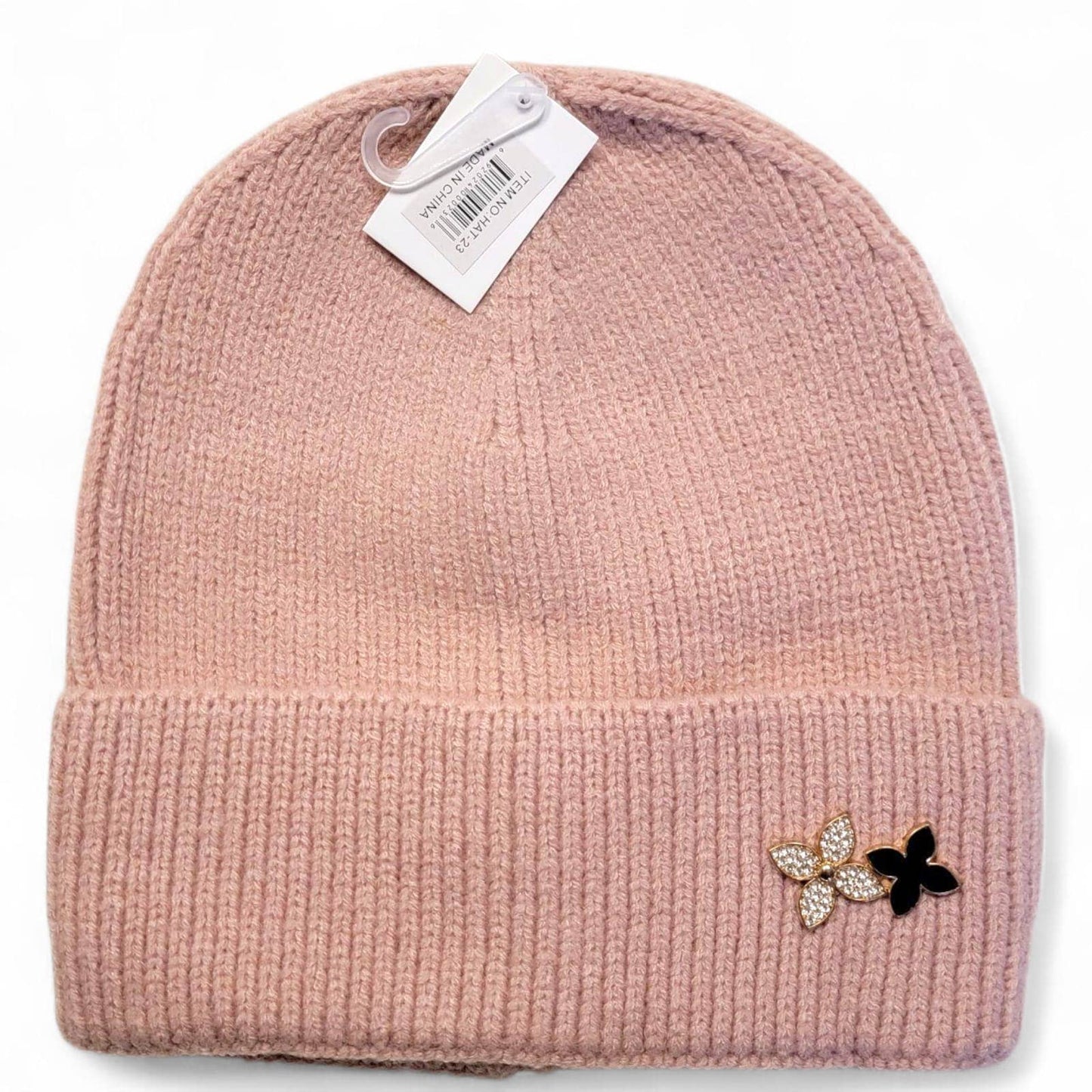 Adult Knit Beanie with Metal Flower Pin – 6 Color Assorted