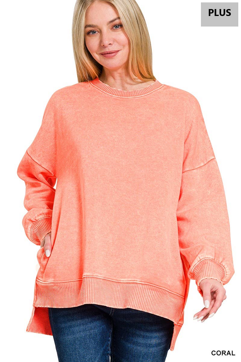 ....1028 Plus Acid Wash Fleece Hi Low Hem Pullover With Pockets SI-26