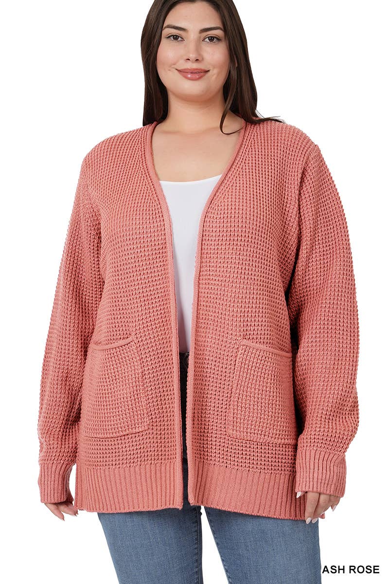 ",....SI-25654 Plus Low Gauge Waffle Open Cardigan Sweater