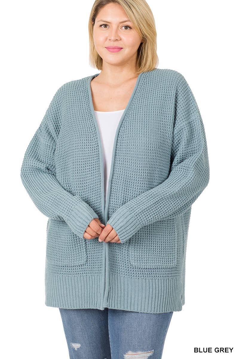 ",....SI-25654 Plus Low Gauge Waffle Open Cardigan Sweater