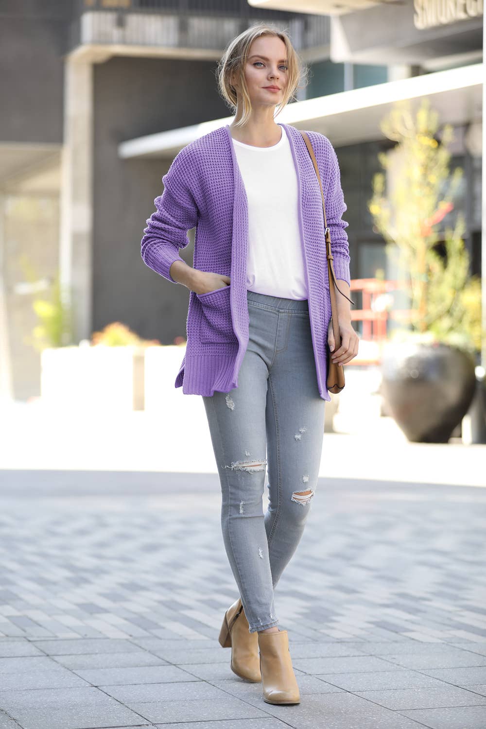 1219 Low Gauge Waffle Open Cardigan Sweater SI-24890