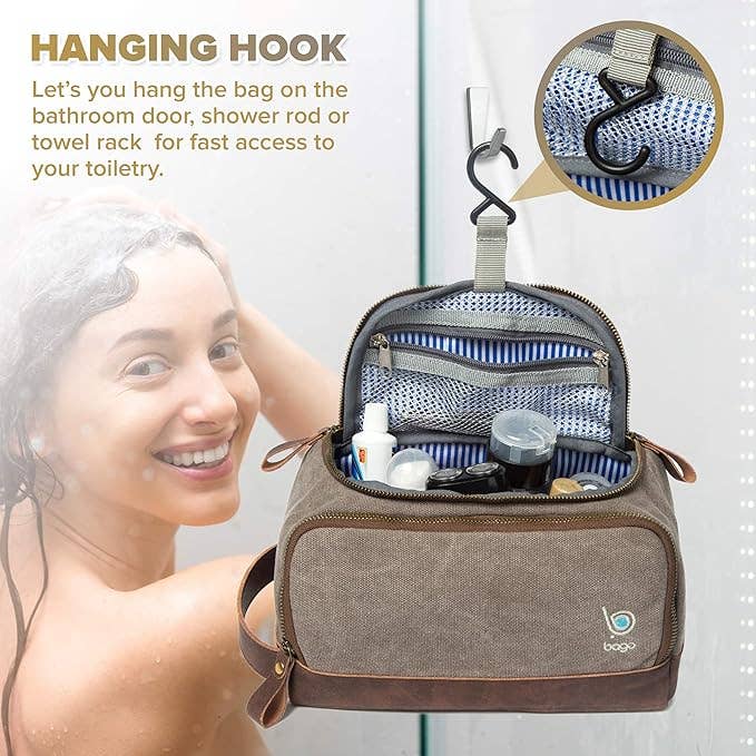 Canvas Toiletry Bag with Hanging Hook & Faux Leather Trim