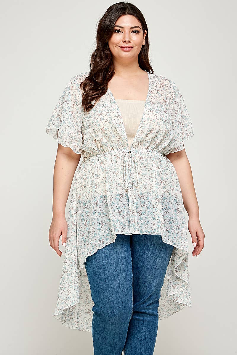 Plus Size Ditsy Floral Print Hi-Lo Hem Cardigan - SS2225P-3C