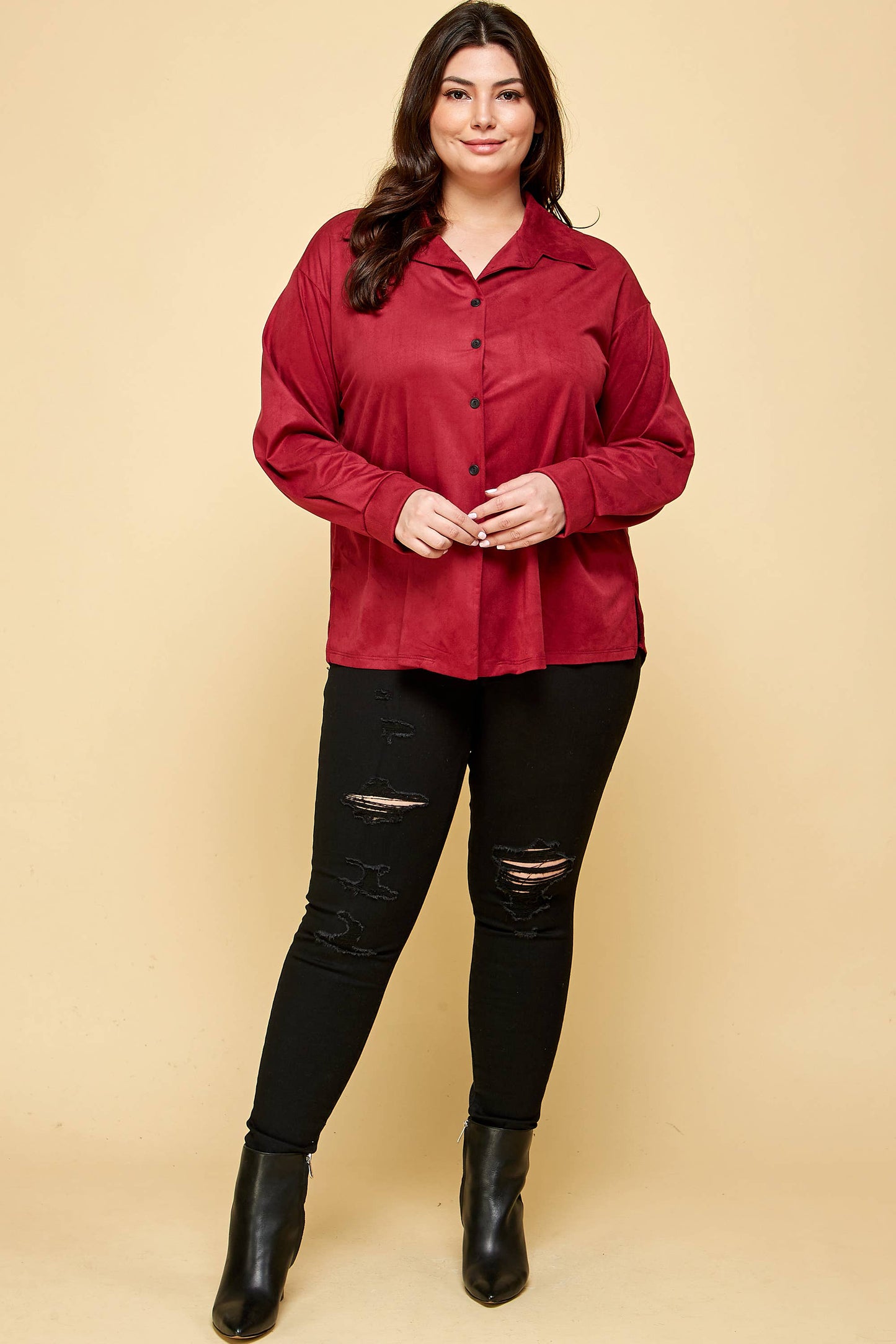 ETK-8634-PL Plus Size Suede Button-Down Shirt