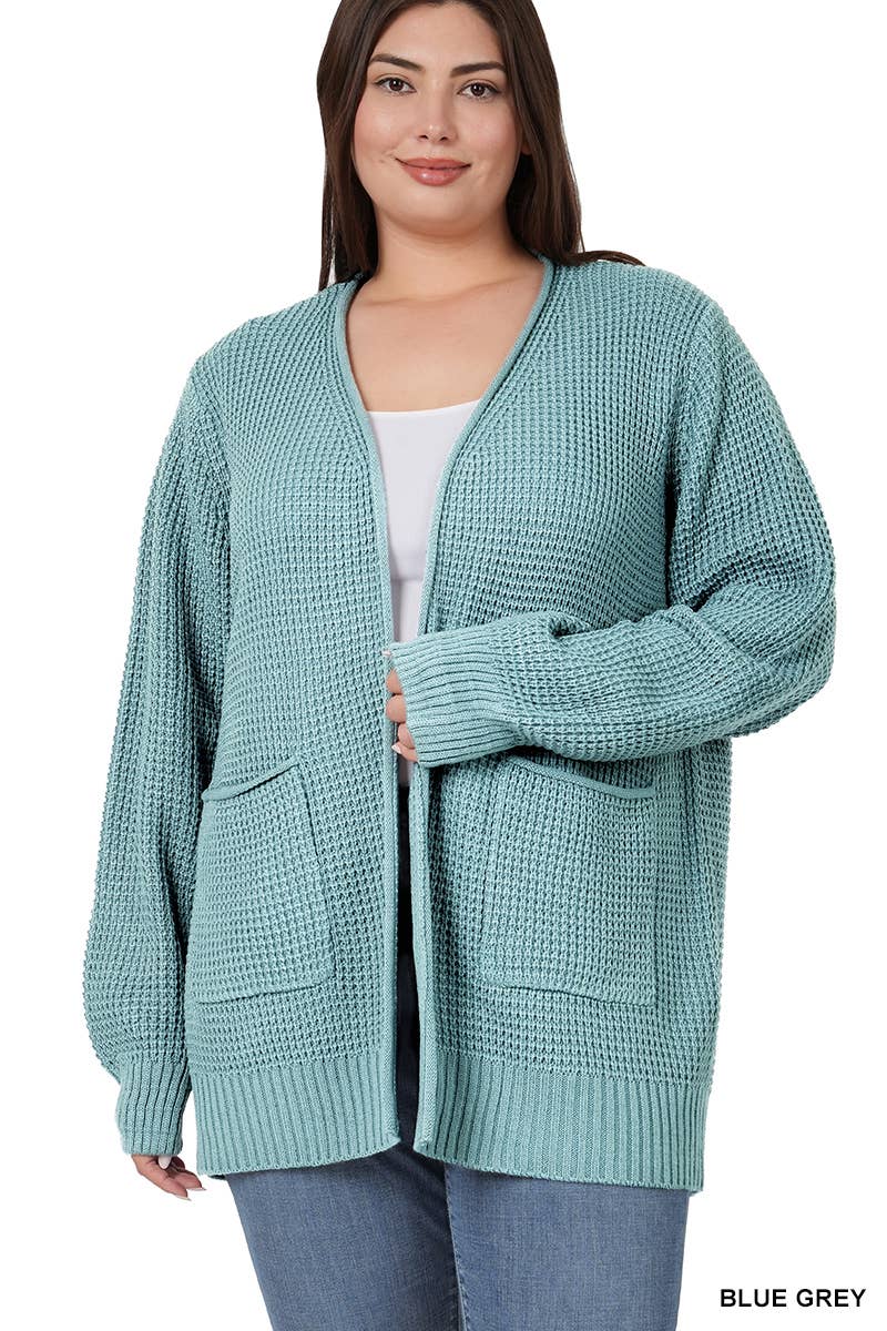 ",....SI-25654 Plus Low Gauge Waffle Open Cardigan Sweater
