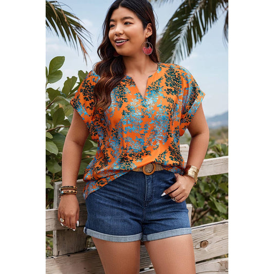 Plus Floral V Neck Batwing Sleeve Loose Shirt