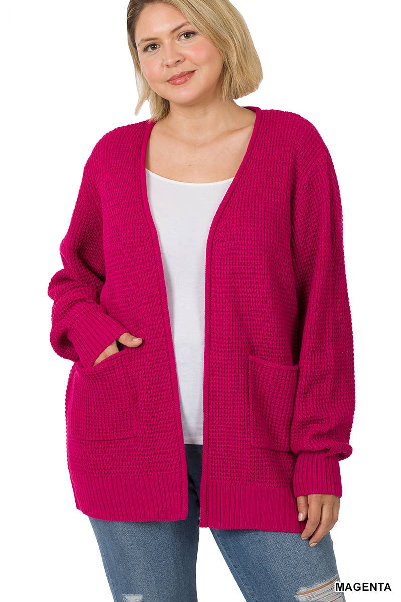 ",....SI-25654 Plus Low Gauge Waffle Open Cardigan Sweater