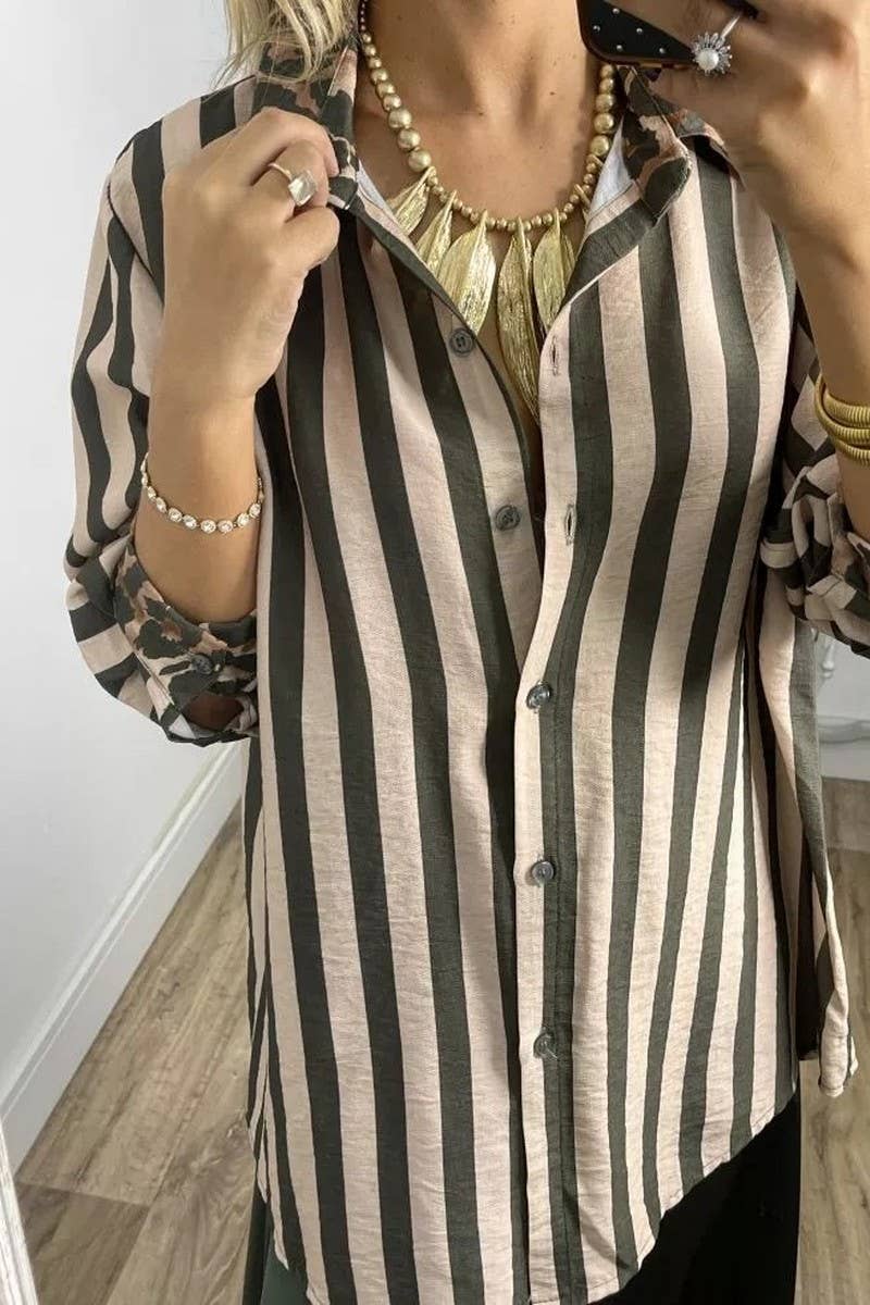 STRIPED AND LEOPARD PRINT LOOSE CASUAL SHIRT