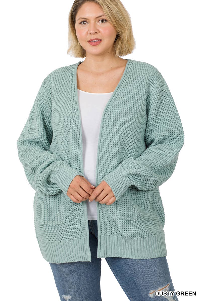 ",....SI-25654 Plus Low Gauge Waffle Open Cardigan Sweater