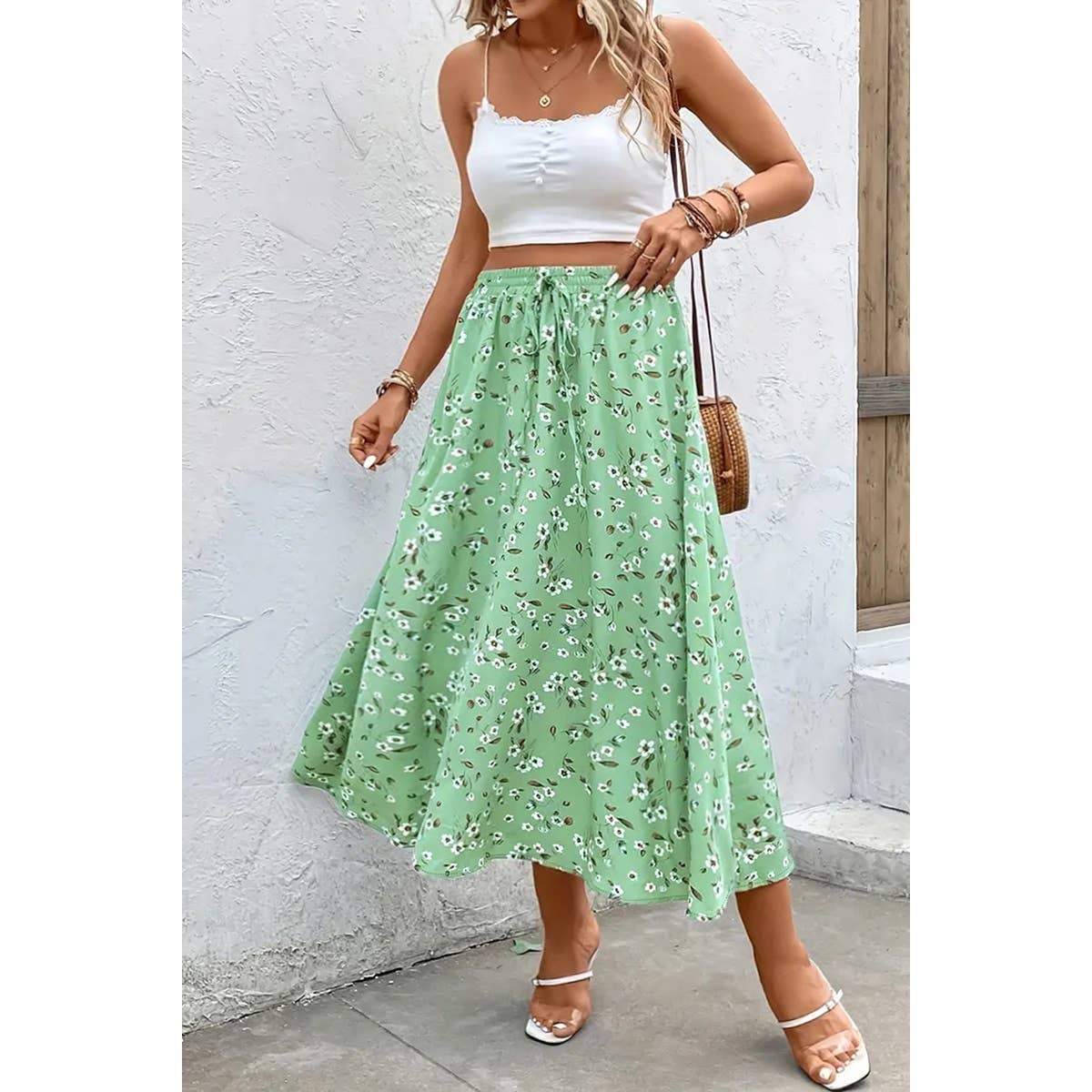 Plus Size Floral Breeze Drawstring Long Skirt
