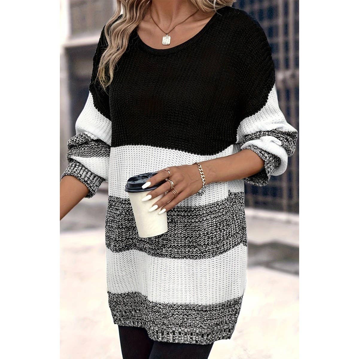 Knit Colorblock Cozy Long Sleeves Loose Sweater