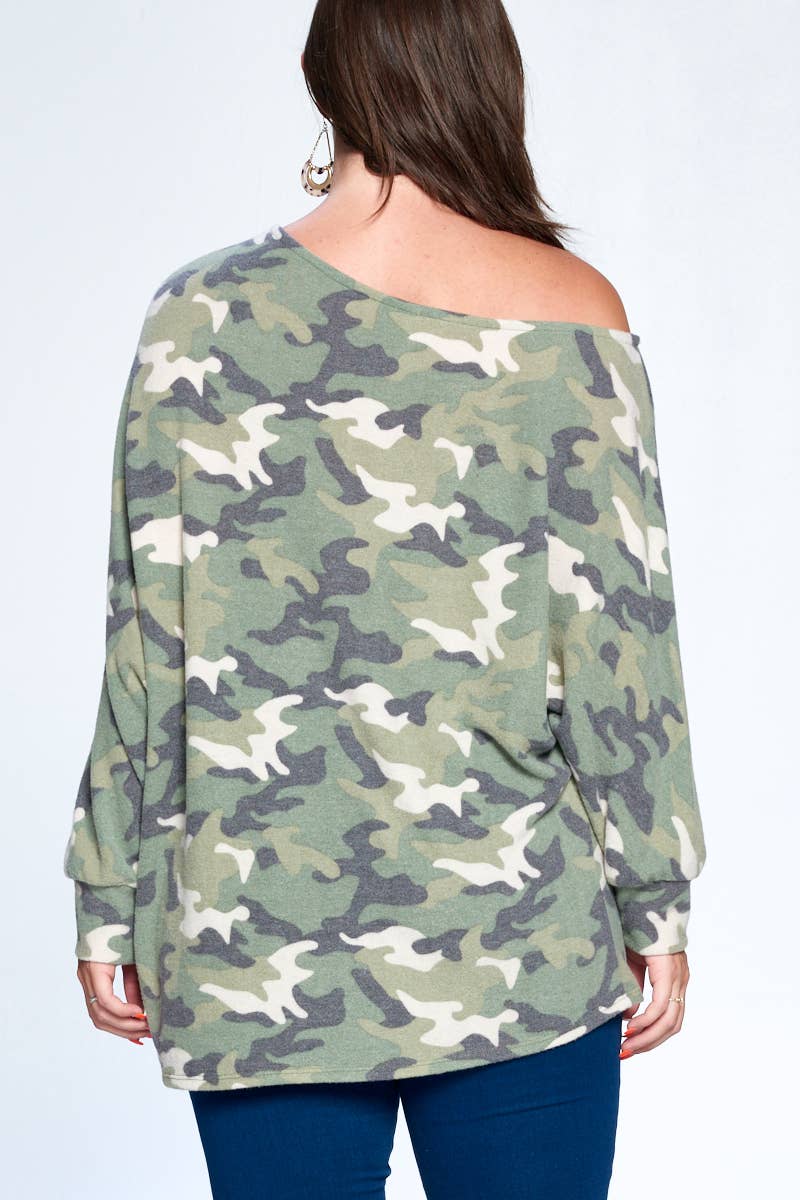 ETK-7757-PL Plus Size Soft Camo Printed Dolman Top